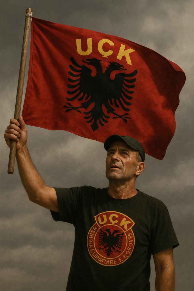Luftëtar i UÇK-së ngre flamurin e Ushtrisë Çlirimtare nën qiell me re